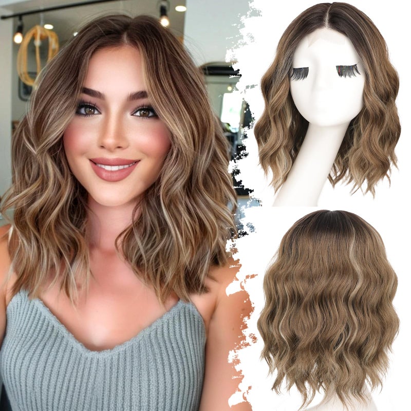 Eawwii Ombre Light Brown With Blonde Short Wavy Wig for Women Lace Hairline Bob Style Synthetic Heat Resistant  Natural Appearance for Everyday Hairstyle 14 Inch